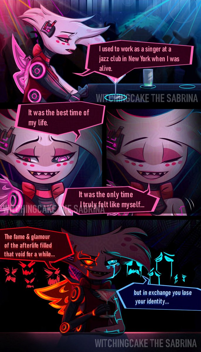 WitchingC's tweet image. GlitchHell Pg 13 &amp;amp; 14 - Reminiscing of the past...
#radiodust #alastor #angeldust #HazbinHotel #glitchhell #comic