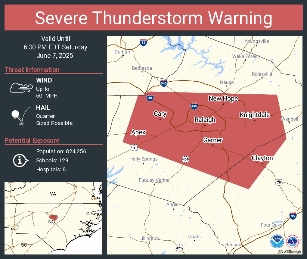 Severe Thunderstorm Warning including Raleigh NC, Cary NC and  Apex NC until 6:30 PM EDT