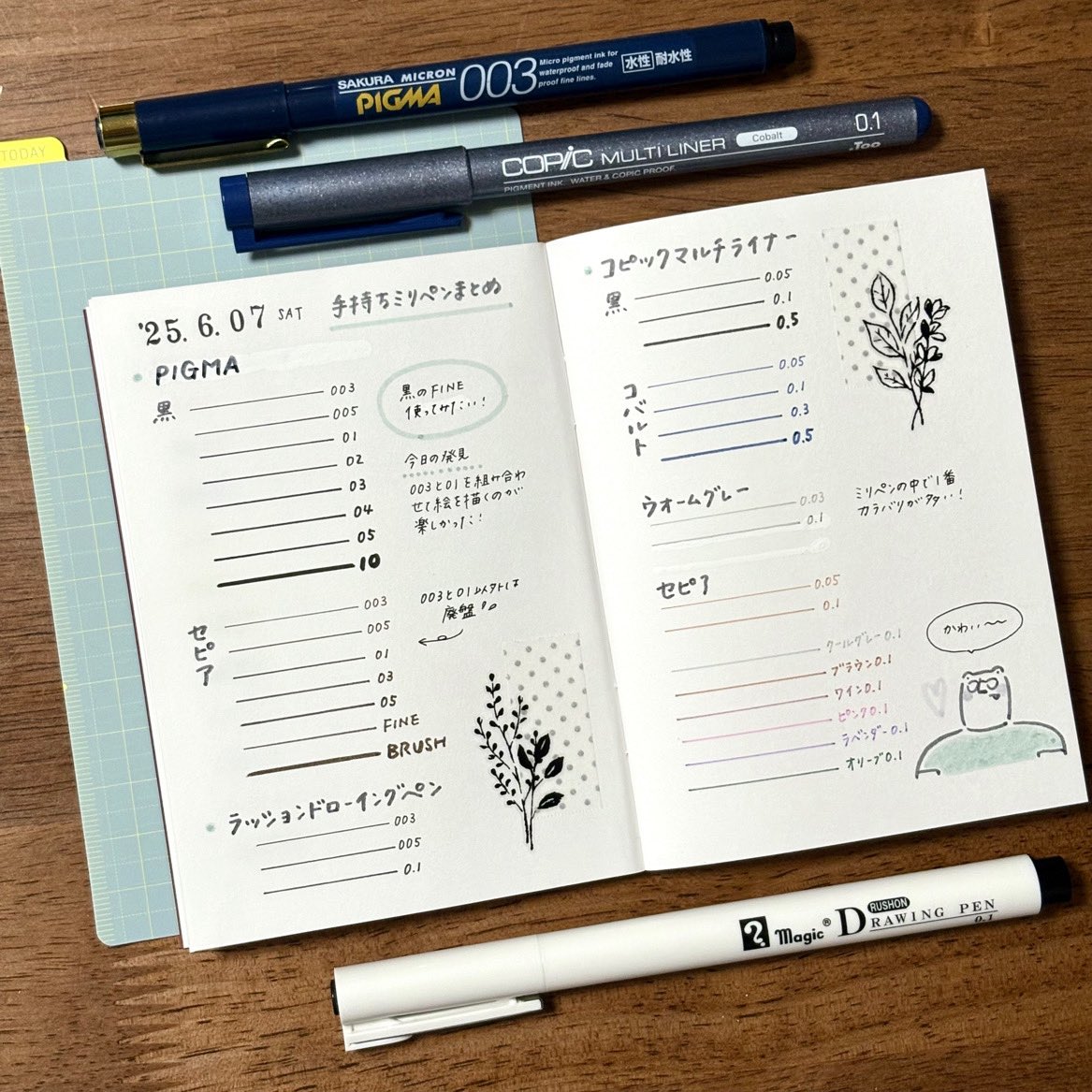 penshirokuma's tweet image. 手持ちのミリペンをまとめたページ。
絵を描く時に、線幅や色味の参考にしようと思います☺️
⁡
#PIGMA
#コピックマルチライナー
#ラッションドローイングペン
#トラベラーズノート