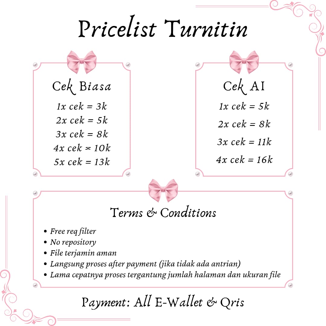 sldpper's tweet image. 🫧 CEK TURNITIN 🫧

1x cek = 3k
2x cek =  5k
3x cek = 8k

AI
1x cek = 5k

✅ Berlaku kelipatan
✅ Free req filter
✅ No repository
✅ File terjamin aman
✅ Langsung proses after payment 

Order :  wa.me/+639460642479 / DM @takjlil 
#zonauang