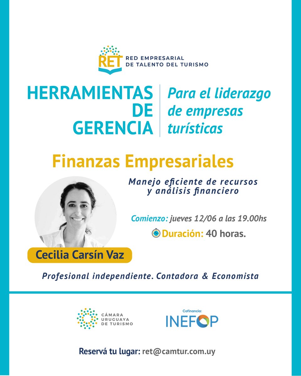 💼 Finanzas Empresariales | Un módulo clave para la toma de decisiones estratégicas en empresas turísticas.
Con Cecilia Carsín Vaz.
🗓 Inicio: 12 de junio – 19 h
📩 Inscripciones: forms.gle/sS14jbtP6QruZ9…
#TurismoUY #CAMTUR #FormaciónEjecutiva