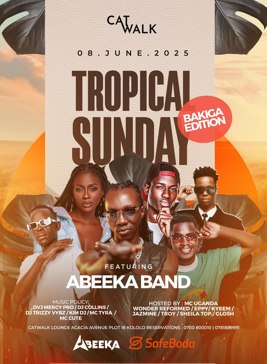 Catwalk Lounge Kampala (@catwalkkla) on Twitter photo Join us for a laid-back yet lively afternoon filled with tropical beats by @abeekaband <a href="/dvjmercypro/">DVJ MËRÇŸ-PR💿</a> @djay_trizzy_vybz @djkymlazer @collindj._ @mccute94 @ester_tyra refreshing drinks, and good company. Come dressed in your island-inspired best and let’s turn this Sunday Join us for a laid-back yet lively afternoon filled with tropical beats by @abeekaband <a href="/dvjmercypro/">DVJ MËRÇŸ-PR💿</a> @djay_trizzy_vybz @djkymlazer @collindj._ @mccute94 @ester_tyra refreshing drinks, and good company. Come dressed in your island-inspired best and let’s turn this Sunday