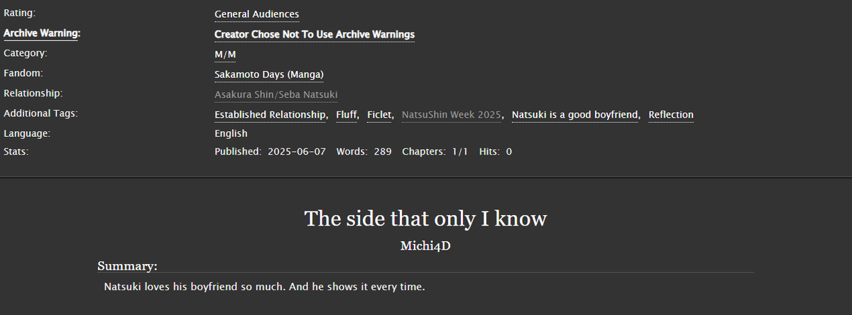 For the #NatsuShinWeek2025 👤 💭

Day 7: Free day + Happy birthday Shin 💛

archiveofourown.org/works/66282298

#Natsushin #Fanfiction
