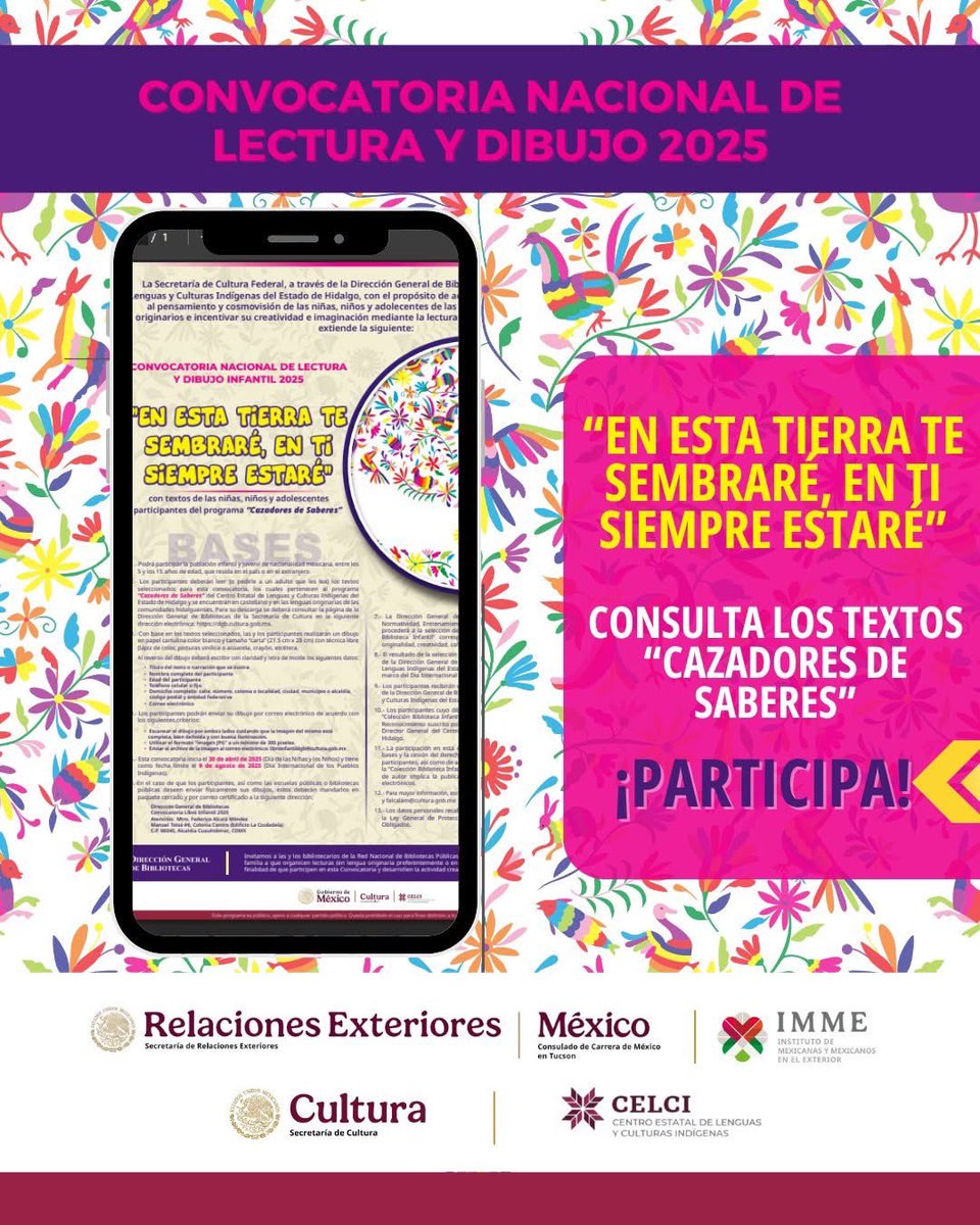 Consulmex Tucson (@consulmextuc) on Twitter photo La <a href="/cultura_mx/">Secretaría de Cultura</a> a través de la Dirección General de Bibliotecas y el #CELCI del Gobierno de Hidalgo, lanza la convocatoria nacional de #LecturaYDibujo2025.
Convocatoria:
📌dgb.cultura.gob.mx/convocatorias/…
⏰Fecha límite: 9 de agosto.
Cazadores de saberes 📖: dgb.cultura.gob.mx/convocatorias/… La <a href="/cultura_mx/">Secretaría de Cultura</a> a través de la Dirección General de Bibliotecas y el #CELCI del Gobierno de Hidalgo, lanza la convocatoria nacional de #LecturaYDibujo2025.
Convocatoria:
📌dgb.cultura.gob.mx/convocatorias/…
⏰Fecha límite: 9 de agosto.
Cazadores de saberes 📖: dgb.cultura.gob.mx/convocatorias/…