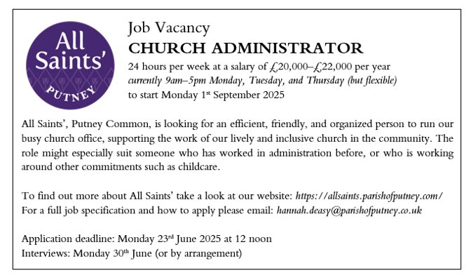 All Saints', Parish of Putney (@allsaintsputney) on Twitter photo We're looking for a new church administrator. Could it be you? Details can be found here: allsaints.parishofputney.com/job-vacancy-ch…
Please share away!
<a href="/StMarysPutney/">St Mary’s, Parish of Putney</a> We're looking for a new church administrator. Could it be you? Details can be found here: allsaints.parishofputney.com/job-vacancy-ch…
Please share away!
<a href="/StMarysPutney/">St Mary’s, Parish of Putney</a>
