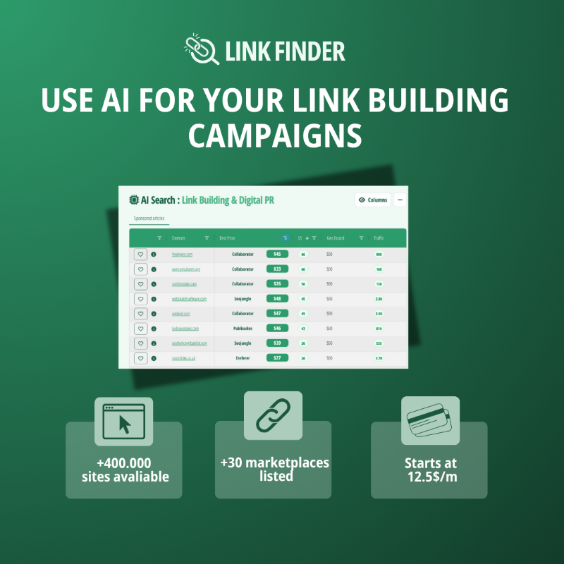 LinkFinderOK's tweet photo. Save 30% of your link building and digital PR budget with Link Finder.

Compare prices across 30 link-building platforms and get your niche edits or guest posts at the best price.

Try it for free.