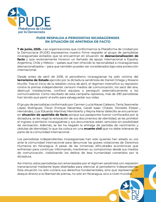 pudenicaragua's tweet photo. 📰 En #PUDE respaldamos sin reservas a los y las periodistas nicaragüenses independientes en apatridia de facto.
La dictadura sandinista los despojó de todo menos de su compromiso con la verdad.
¡Su valentía merece protección internacional! 🆘 https://t.co/0cnKT2Uoeb