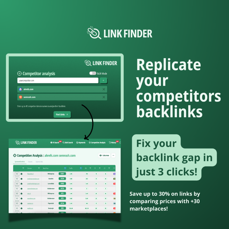 LinkFinderOK's tweet photo. Save 30% of your link building and digital PR budget with Link Finder.

Compare prices across 30 link-building platforms and get your niche edits or guest posts at the best price.

Try it for free.