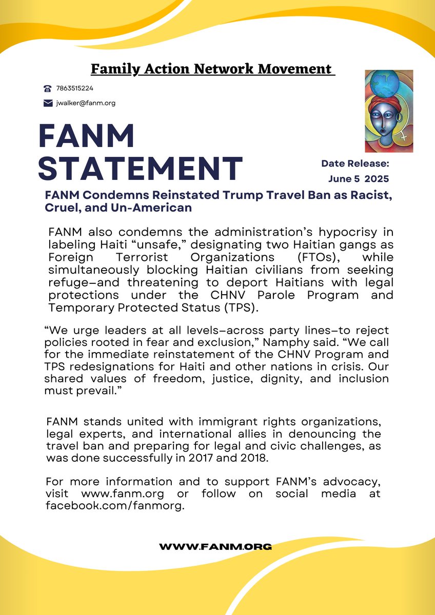 FANMOrg's tweet photo. FANM Condemns Reinstated Trump Travel Ban as Racist, Cruel, and Un-American
#StopTheBan
#ProtectImmigrants
#StandWithHaiti
#NoToXenophobia
#ImmigrantRights
#FANMAdvisory
#JusticeAndDignity
#ResistHate https://t.co/2rzybEoCaJ