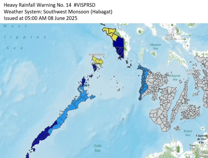 PAGASA issues a Heavy Rainfall Warning for Habagat and LPA in the following areas as of 5 a.m., June 8, 2025:

🟠 ORANGE WARNING
• Metro Manila
• Bulacan
• Rizal
• northern and central Quezon
• Laguna
• Batangas
• Cavite

🟡 YELLOW WARNING
• Zambales
• Bataan
• Tarlac