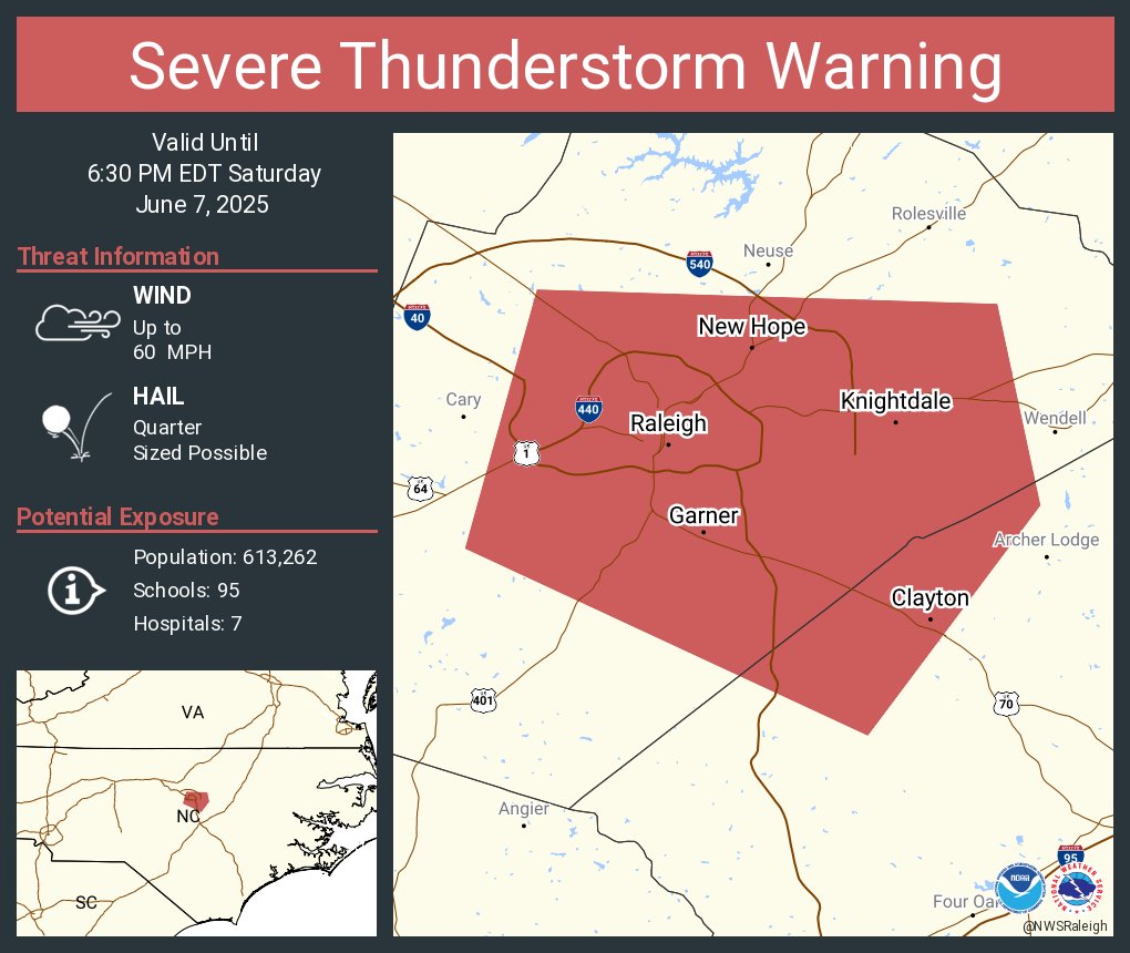 Severe Thunderstorm Warning continues for Raleigh NC, Garner NC and  Clayton NC until 6:30 PM EDT
