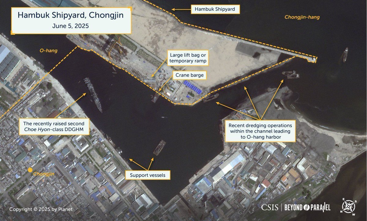 🚨LATEST UPDATE 🚨

🚢Second Choe Hyon Destroyer at Chongjin Raised

North Korea has successfully completed initial salvage operations on the second Choe Hyon-class DDGHM. The vessel is now upright and moored in the center of O-Hang harbor.

More at: beyondparallel.csis.org/second-choe-hy…