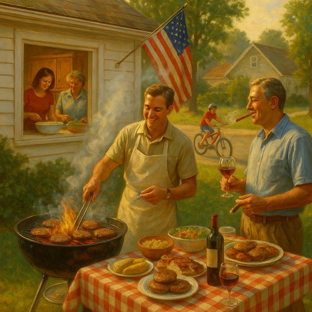 Nothing is more American than children riding their bikes in the street, a barbecue on the grill, women in the kitchen preparing for company, and men attending to the grill.  Followed by a feast, wine, and cigars.

My nations heritage.