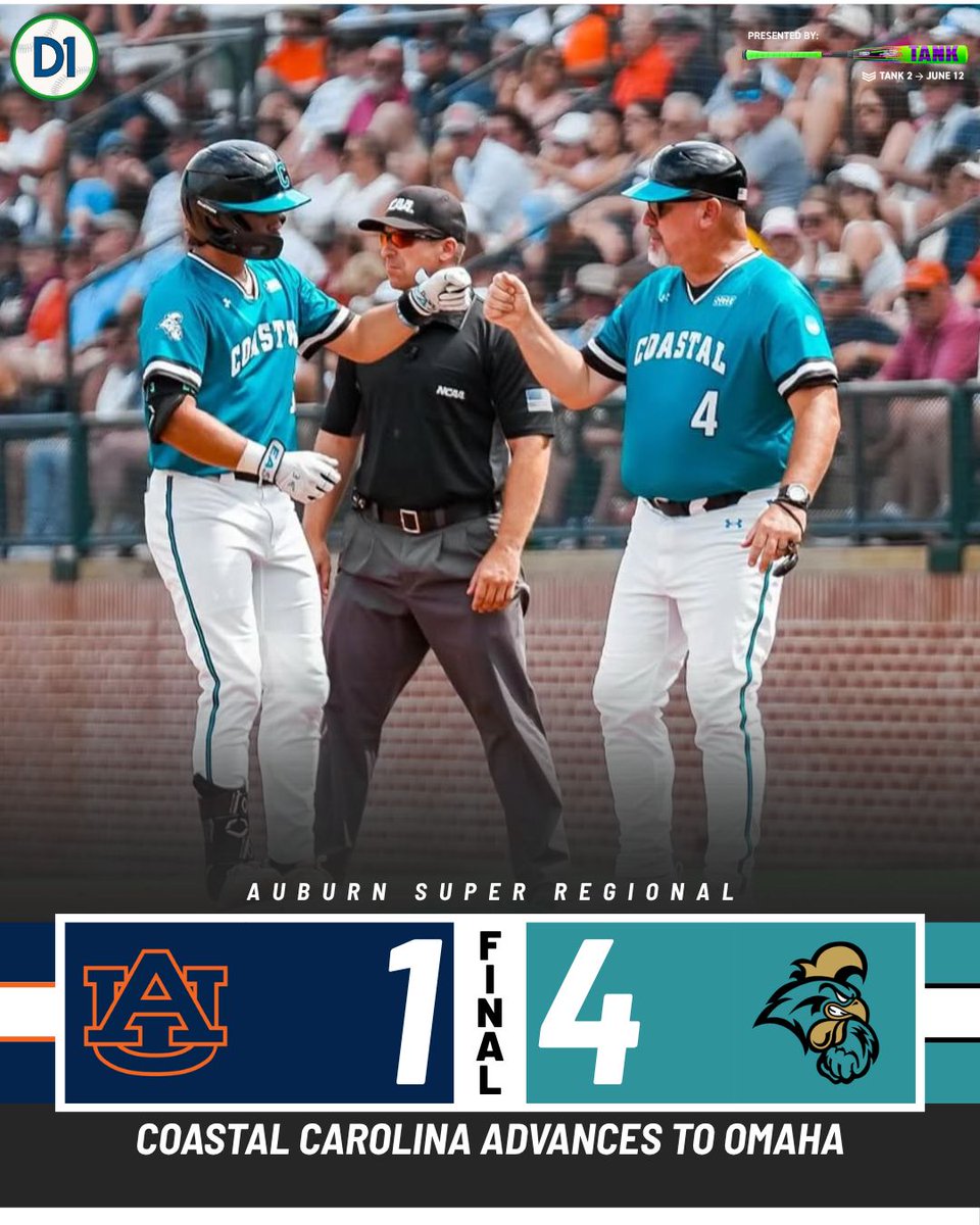 D1Baseball (@d1baseball) on Twitter photo FINAL FROM AUBURN
<a href="/CoastalBaseball/">Coastal Carolina Baseball</a> 4
Auburn 1
๐พ๐ค๐๐จ๐ฉ๐๐ก ๐พ๐๐ง๐ค๐ก๐๐ฃ๐ ๐๐๐ซ๐๐ฃ๐๐๐จ ๐ฉ๐ค ๐๐ข๐๐๐
Presented by <a href="/soldier_sports/">SOLDIER SPORTS</a> FINAL FROM AUBURN
<a href="/CoastalBaseball/">Coastal Carolina Baseball</a> 4
Auburn 1
๐พ๐ค๐๐จ๐ฉ๐๐ก ๐พ๐๐ง๐ค๐ก๐๐ฃ๐ ๐๐๐ซ๐๐ฃ๐๐๐จ ๐ฉ๐ค ๐๐ข๐๐๐
Presented by <a href="/soldier_sports/">SOLDIER SPORTS</a>