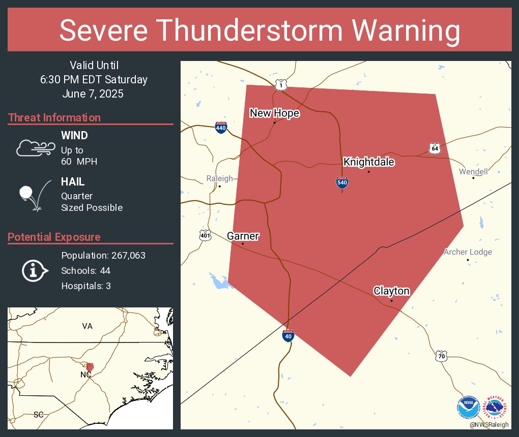 Severe Thunderstorm Warning continues for Garner NC, Clayton NC and  Knightdale NC until 6:30 PM EDT