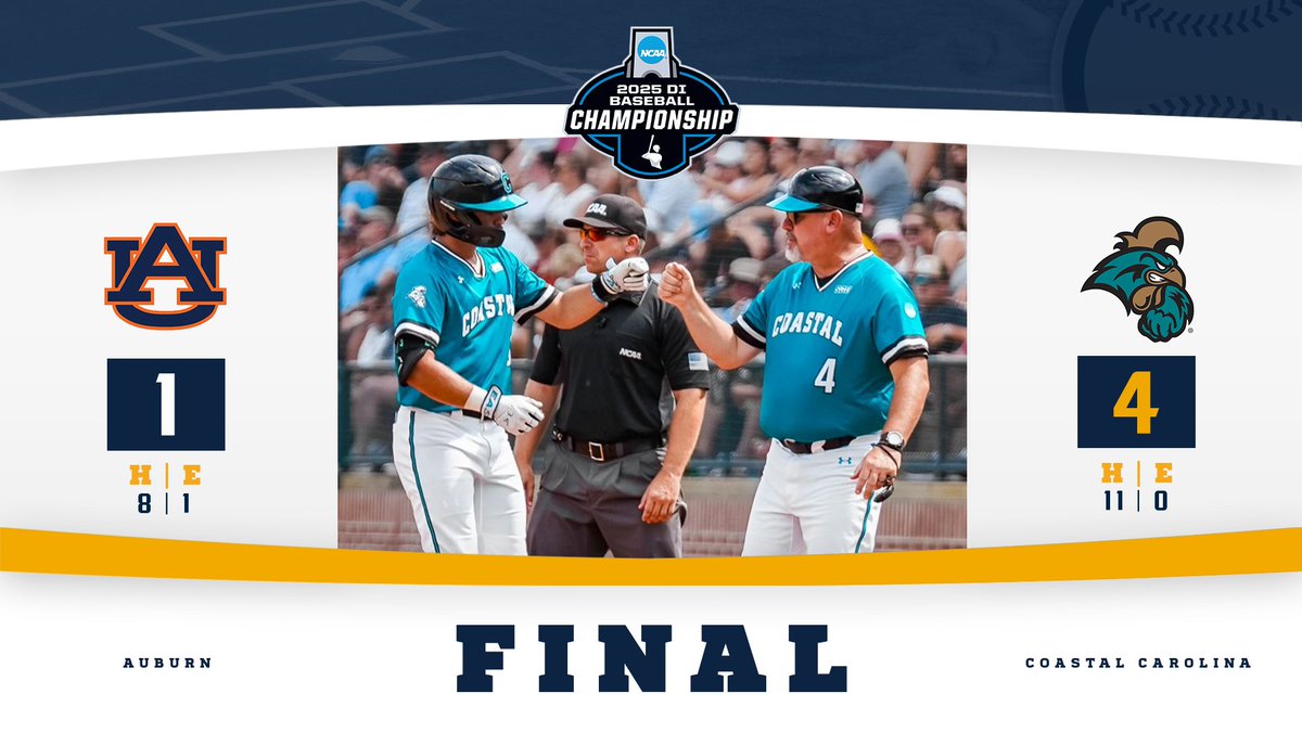 Sun Belt (@sunbelt) on Twitter photo ๐ก๐๐ซ๐ง ๐ฆ๐ง๐ข๐ฃ ๐ข๐ ๐๐๐.
<a href="/CoastalBaseball/">Coastal Carolina Baseball</a> scores late to punch its return ticket to the <a href="/NCAABaseball/">NCAA Baseball</a> College World Series with a 4-1 win over Auburn. โ๏ธโพ๏ธ ๐ก๐๐ซ๐ง ๐ฆ๐ง๐ข๐ฃ ๐ข๐ ๐๐๐.
<a href="/CoastalBaseball/">Coastal Carolina Baseball</a> scores late to punch its return ticket to the <a href="/NCAABaseball/">NCAA Baseball</a> College World Series with a 4-1 win over Auburn. โ๏ธโพ๏ธ