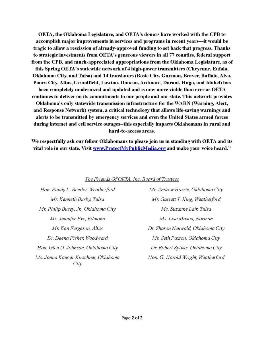 We respectfully ask our fellow Oklahomans to please join us in standing with <a href="/OETAOK/">OETA</a> and its vital role in our state. Visit ProtectMyPublicMedia.org and make your voice heard!