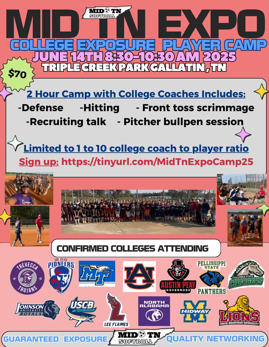 Kelsey Cartwright (@klcright_11) on Twitter photo ๐จONE WEEK OUT!๐จ
You donโt want to miss it! ๐ฅ๐ฅ
๐ Triple Creek Park โ Gallatin, TN
๐
Saturday, June 14th 8:30 AM โ 10:30 AM
๐ฐ $70 / camper
๐ College coaches on-site & actively recruiting
๐ Spots are limited โ register now!
๐ Sign up here: tinyurl.com/MidTnExpoCamp25 ๐จONE WEEK OUT!๐จ
You donโt want to miss it! ๐ฅ๐ฅ
๐ Triple Creek Park โ Gallatin, TN
๐
Saturday, June 14th 8:30 AM โ 10:30 AM
๐ฐ $70 / camper
๐ College coaches on-site & actively recruiting
๐ Spots are limited โ register now!
๐ Sign up here: tinyurl.com/MidTnExpoCamp25
