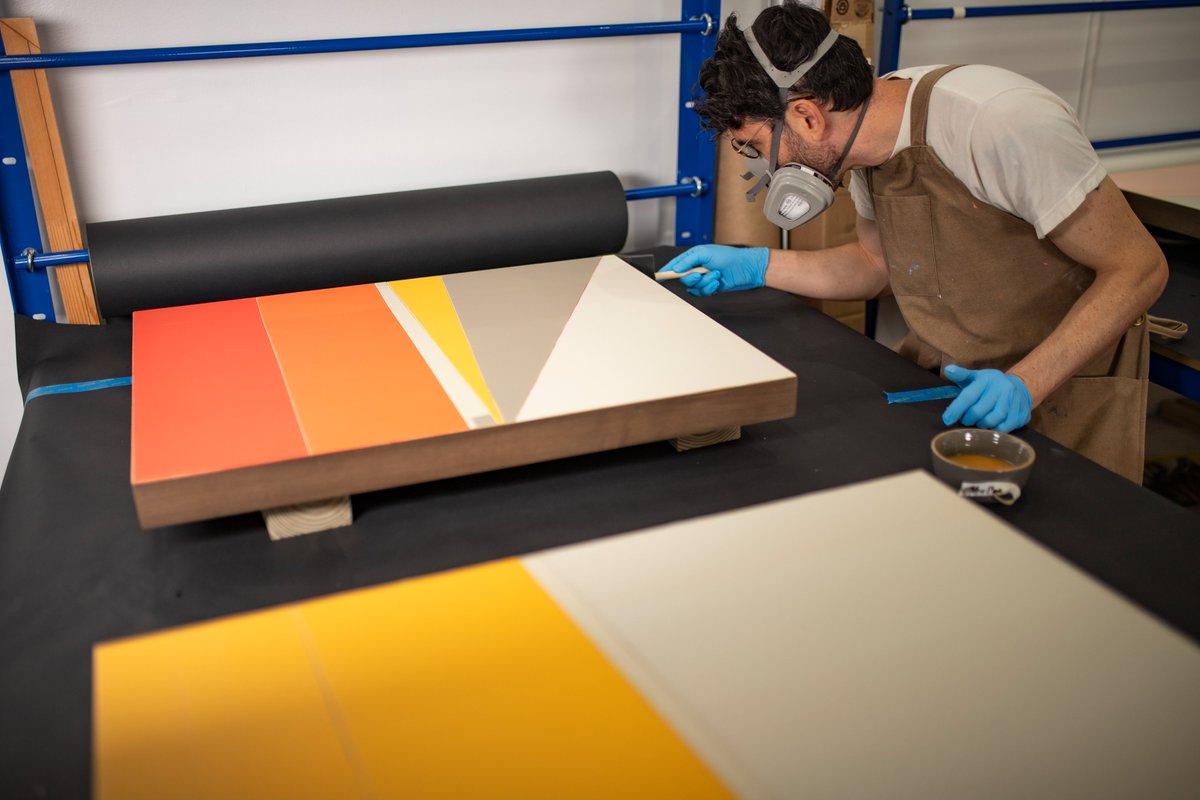Tyler cultivating the wooden foundation for the physical editions of Day Gardens. 
25 of the 50 works feature textured ink prints mounted on hand-stained wood panels, measuring 24 x 30 x 2 inches. 
Releasing June 16, 2025.