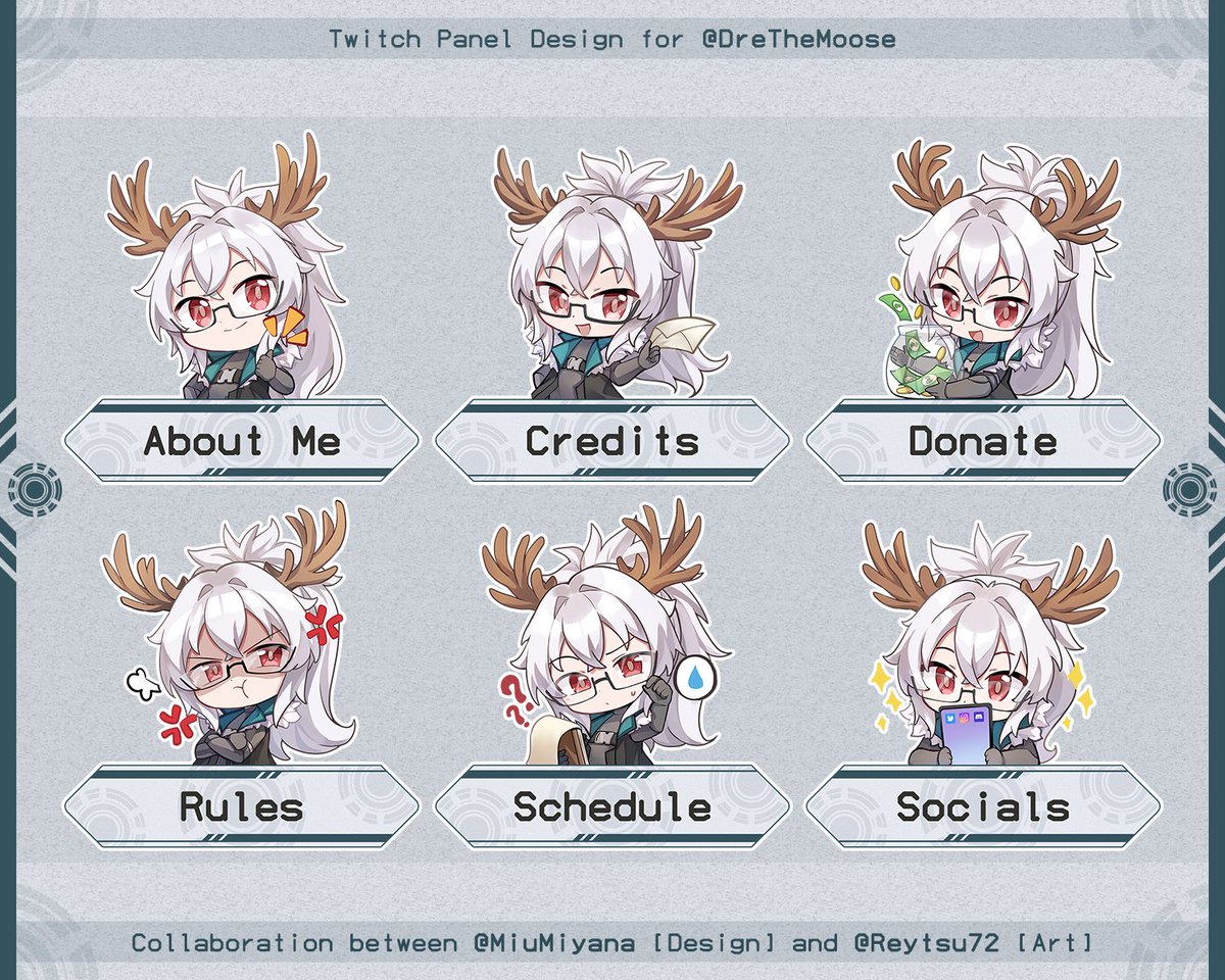Twitch Panels Commission for <a href="/DreTheMoose/">DreTheMoose | Predebut vtuber</a> !   

Panel Design by Me
Chibi Artwork by <a href="/Reytsu72/">Reyツ</a> 
Thank you for commissioning us!

#VGenComm #VTuberAssets #VTuber #vtubercommissions