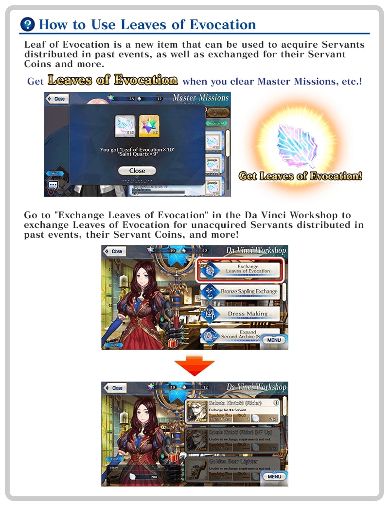 Leaves of Evocation can be obtained by completing Daily Missions and Extra Missions that have been added permanently to Master Missions.

More Info ➡️ fate-go.us/news/?category…
#FateGOUSA
