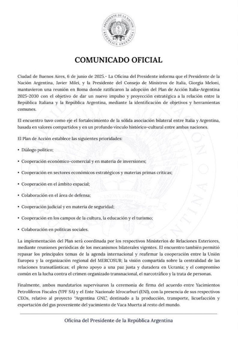 🚨 REAFIRMAN PACTO entre Argentina e ITALIA

👉🏼Se busca fortalecer la Asociación Bileteral entre ambos países
👉🏼Economía, defensa y educación los puntos MÁS IMPORTANTES

¿BANCAS el PACTO?👇🏼