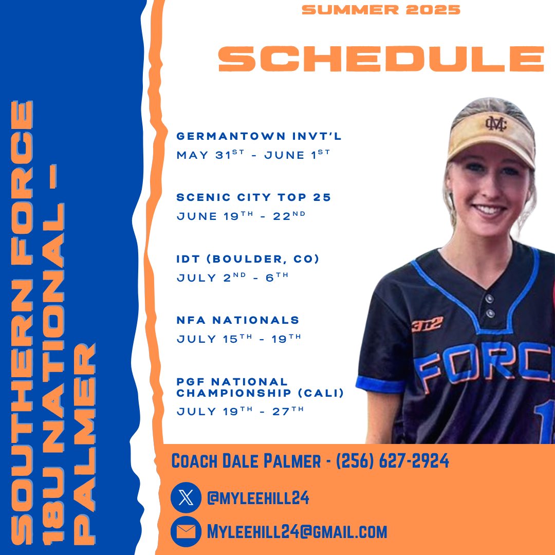 Mylee Hill (@myleehill24) on Twitter photo Summer schedule drop🧡💙
<a href="/ForceSouthern/">Southern Force 18U National - Palmer</a> <a href="/JoeGuth08812179/">Joe Guthrie</a> <a href="/uts_firehawks/">UT Southern Athletics</a> <a href="/UAH_SB/">UAH Softball</a> Summer schedule drop🧡💙
<a href="/ForceSouthern/">Southern Force 18U National - Palmer</a> <a href="/JoeGuth08812179/">Joe Guthrie</a> <a href="/uts_firehawks/">UT Southern Athletics</a> <a href="/UAH_SB/">UAH Softball</a>