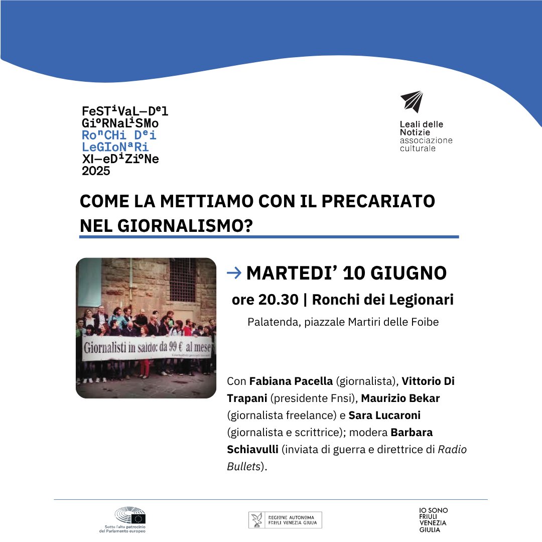 freelancefvg's tweet photo. Dal 10 al 15 giugno a Ronchi dei Legionari (GO) Festival del Giornalismo, promosso da Leali delle Notizie.
MARTEDI' 10 al Palatenda (P.le Martiri delle Foibe):
- ORE 20 Inaugurazione del Festival
- ORE 20.30 "Come la mettiamo con il precariato nel giornalismo?". Tavola rotonda: https://t.co/GTMwXDf5lF