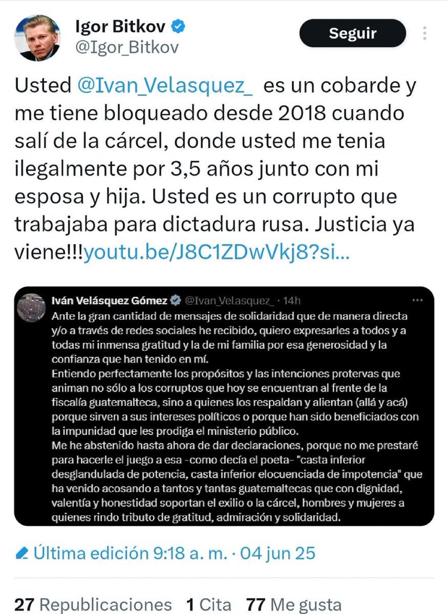 Un cerote prófugo que vino a Guatemala a
Violar las leyes 
Violar la constitución 
Estafador  en su país 
Falsificador de documentos 
Y se mete en asuntos internos de un país que no es el suyo !!!
DEBERÍA DE SER DEVUELTO A RUSIA !!!!'nn