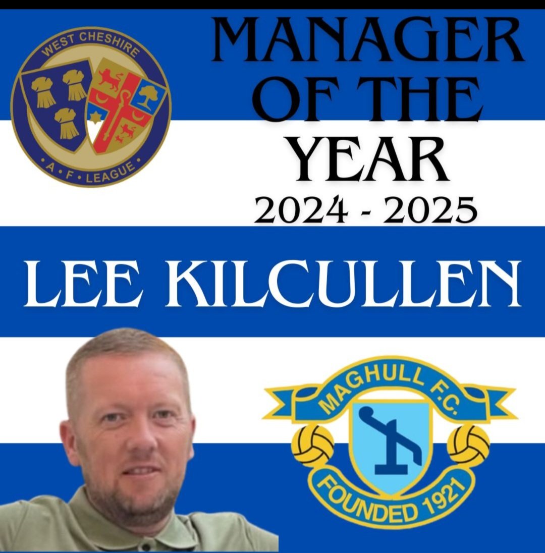 Manager of the Year is treble winning <a href="/maghullu18s25/">Maghull U18s 24/25</a> gaffer Lee Kilcullen. Another superb season for Lee &amp; his team showing their class to sweep the board with an outstanding treble. Congratulations to Lee &amp; all involved. A deserving winner and a great fella too
🔵⚪️🏆🏆🏆⚪️🔵