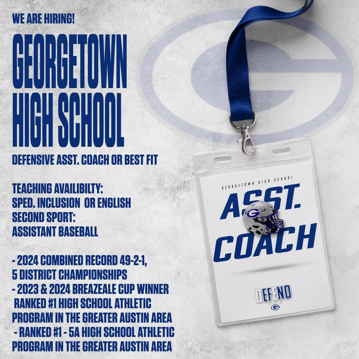 Chuck Griffin (@coachgriffghs) on Twitter photo The Georgetown Eagles <a href="/GTEagleFootball/">Georgetown Football</a> <a href="/EFND_Baseball/">GHS Eagle Baseball</a> are looking for a Football/Baseball Coach. (defensive assistant). Top Ranked Athletic Program in the ATX 2 years running. DM me. The Georgetown Eagles <a href="/GTEagleFootball/">Georgetown Football</a> <a href="/EFND_Baseball/">GHS Eagle Baseball</a> are looking for a Football/Baseball Coach. (defensive assistant). Top Ranked Athletic Program in the ATX 2 years running. DM me.
