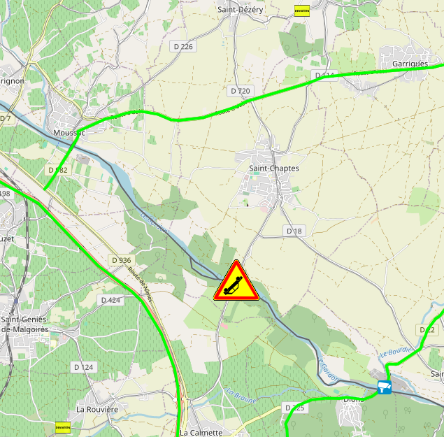 ⚠️RD114 Accident à Saint Chaptes : route coupée au niveau du pont le temps de l'intervention des services de secours.
Déviation par Moussac ou Dions
