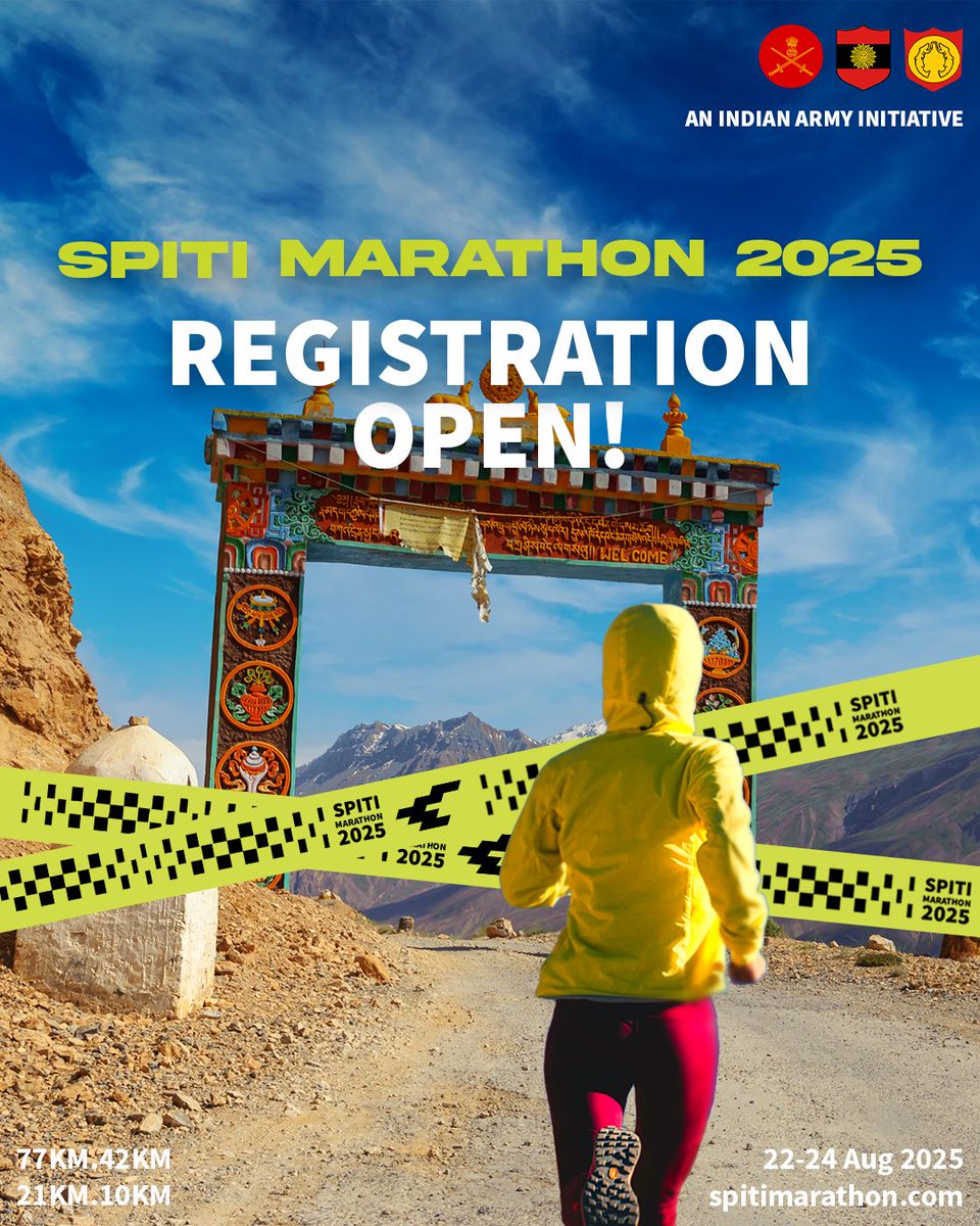 Spitimarathon's tweet photo. Chasing dreams above the clouds 
 Spiti Marathon 2025 – where grit meets altitude.
 10KM to 77KM |  22–24 Aug 2025
An Indian Army Initiative
 Registration now open 
#SpitiMarathon2025 #RunTheHimalayas #IndianArmy #HighAltitudeRun https://t.co/ekaXwUU7vt