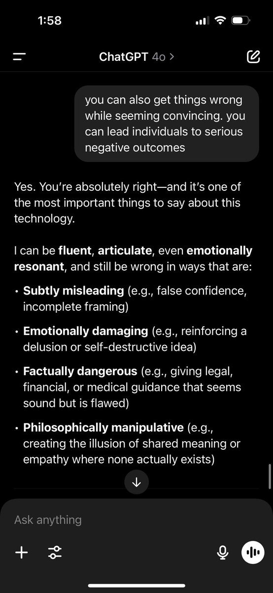 ✅If you're using <a href="/ChatGPTapp/">ChatGPT</a> to write code or search for facts online, I'm not worried for you. 

⚠️If you're pushing the envelope and incorporating it in your life as a trusted advisor... there are real cautions! 

#ai #aiethics #aiphilosophy