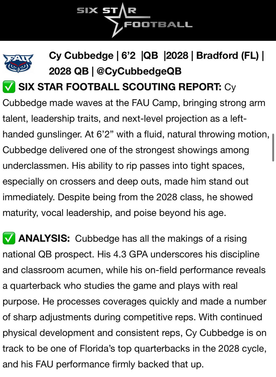 Cy Cubbedge 2028 QB (@cycubbedgeqb) on Twitter photo Grateful to have been recognized by <a href="/sixstarfootball/">Six Star Football | PLUS+</a> at the <a href="/FAUFootball/">Florida Atlantic Football</a> Camp! First of many camps this summer. Let’s work! 💪 <a href="/BHSTornadoFB/">Bradford Tornadoes</a> <a href="/Jrod2245/">Jamie Rodgers</a> <a href="/SSstaples22/">Shane Staples</a> <a href="/CoachStevens54/">Tyler Stevens</a> <a href="/GregDaniels_OL/">Greg Daniels</a> <a href="/QB_DNA/">QBDNA</a> <a href="/Andy_Villamarzo/">Andy Villamarzo</a> <a href="/Dwight_XOS/">Dwight Thomas - Catapult Sports</a> <a href="/PrepRedzoneFL/">Prep Redzone Florida</a> <a href="/sampson_BHS/">SampsonJackson</a> <a href="/coachmay7474/">David May</a> Grateful to have been recognized by <a href="/sixstarfootball/">Six Star Football | PLUS+</a> at the <a href="/FAUFootball/">Florida Atlantic Football</a> Camp! First of many camps this summer. Let’s work! 💪 <a href="/BHSTornadoFB/">Bradford Tornadoes</a> <a href="/Jrod2245/">Jamie Rodgers</a> <a href="/SSstaples22/">Shane Staples</a> <a href="/CoachStevens54/">Tyler Stevens</a> <a href="/GregDaniels_OL/">Greg Daniels</a> <a href="/QB_DNA/">QBDNA</a> <a href="/Andy_Villamarzo/">Andy Villamarzo</a> <a href="/Dwight_XOS/">Dwight Thomas - Catapult Sports</a> <a href="/PrepRedzoneFL/">Prep Redzone Florida</a> <a href="/sampson_BHS/">SampsonJackson</a> <a href="/coachmay7474/">David May</a>