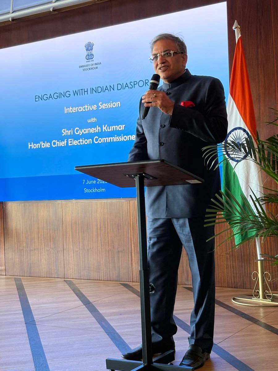 Chief Election Commissioner of India Gyanesh Kumar interacts with the Indian diaspora in Stockholm, Sweden. #CEC will be holding a series of bilateral meetings as part of the international #IDEA on a range of topics in the coming days.
