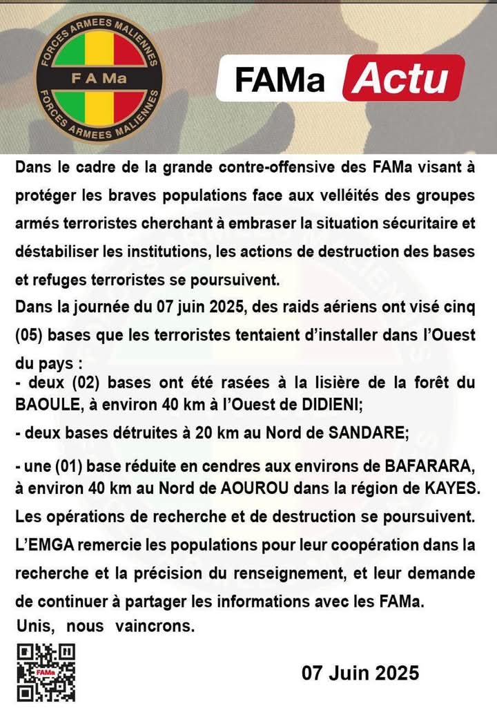 #AESinfo | #Mali 🇲🇱 
Opérations FAMA dans l'Ouest : Didieni, Sandaré, Bafarara... les bases terroristes réduites en cendres !

Les Forces Armées Maliennes (FAMA) poursuivent leur grande contre-offensive pour protéger les populations et stabiliser les institutions face aux menaces