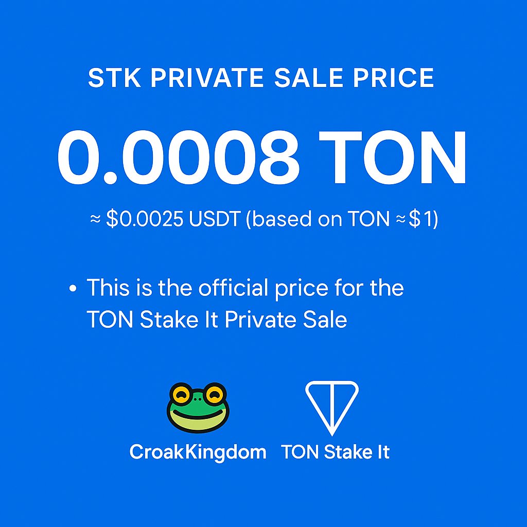TagenRa's tweet photo. π¨ STK Private Sale Price Revealed!
πΉ 1 STK = 0.0008 TON
πΉ β $0.0025 USDT (based on TON β $1)
This price is powered by real NFT demand and verified staking activity.
Backed by TONers. Powered by @CroakKingdom. πΈ
#TONStakeIt #STKToken #TON #Web3 #PrivateSale https://t.co/fWEaY8lCKo