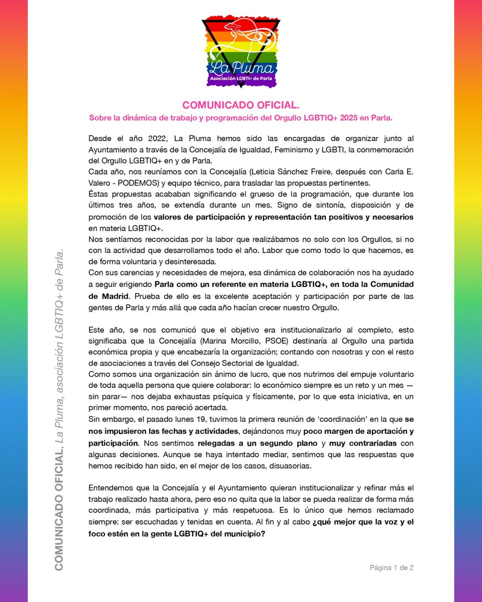 laplumaparla's tweet photo. 📄 COMUNICADO sobre la dinámica de trabajo y programación del #Orgullo #LGBTIQ+ 2025 en Parla.

🔴 Puedes acceder a él en nuestra web: https://t.co/qj9c2k2O6Q https://t.co/LyBsQi4Riy