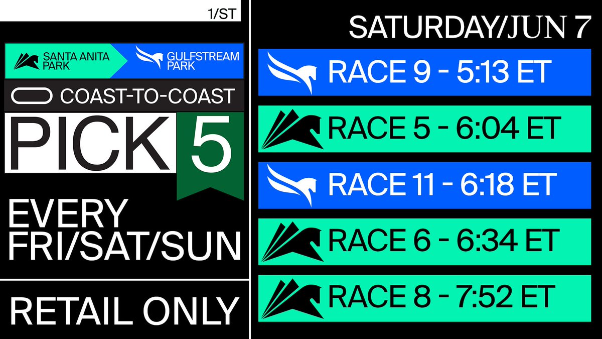 Gulfstream Park (@gulfstreampark) on Twitter photo This is the sequence for Saturday's <a href="/1st_racing/">1/ST RACING</a>
#Coast2Coast Pick5! Races from <a href="/santaanitapark/">Santa Anita Park</a> and #GulfstreamPark, $1 Minimum Wager, 15% Takeout, it's a Retail only wager! #RoyalPalmMeet #HollywoodMeet This is the sequence for Saturday's <a href="/1st_racing/">1/ST RACING</a>
#Coast2Coast Pick5! Races from <a href="/santaanitapark/">Santa Anita Park</a> and #GulfstreamPark, $1 Minimum Wager, 15% Takeout, it's a Retail only wager! #RoyalPalmMeet #HollywoodMeet