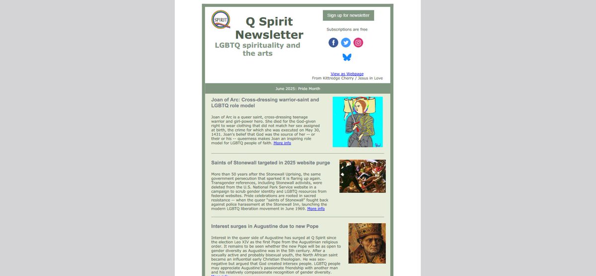 JesusInLoveBlog's tweet image. Q Spirit Pride Month newsletter is out! Joan of Arc, Stonewall saints targeted, queer Augustine, Rainbow Christ Prayer, Pride Month saints, Francis met female Trinity, Uganda martyrs, #faithfullyLGBT books and cartoons, Alcuin wrote homoerotic texts at:
conta.cc/3SDWFaO