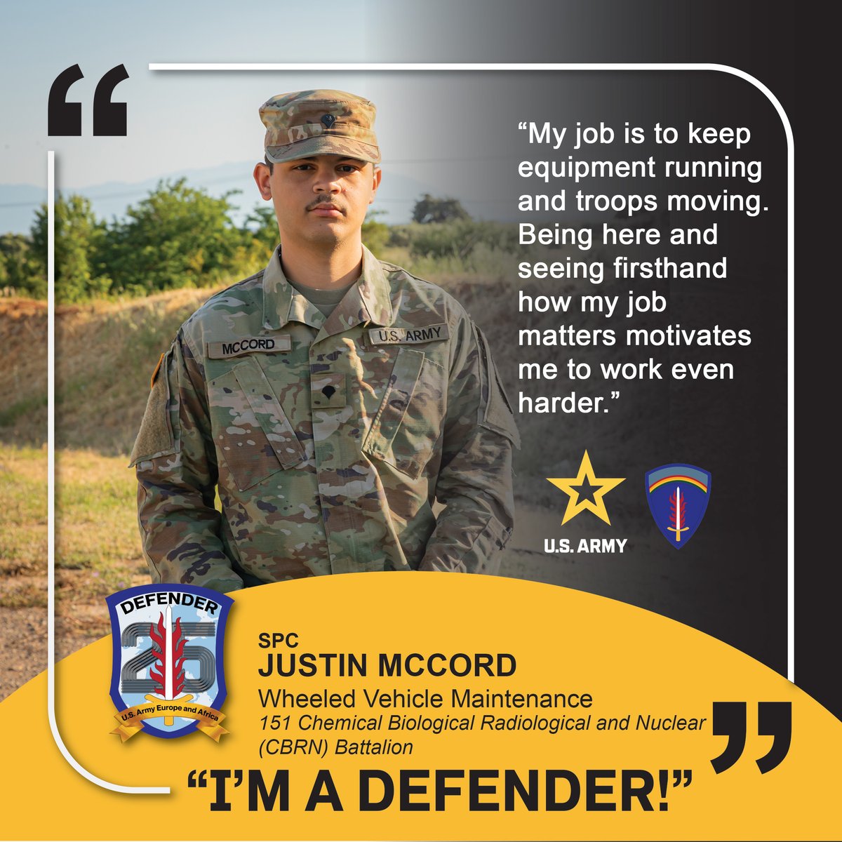 ✨𝐒𝐮𝐧𝐝𝐚𝐲 𝐒𝐩𝐨𝐭𝐥𝐢𝐠𝐡𝐭 ✨ Meet Spc. Justin McCord, a wheeled vehicle maintainer with the 151st CBRN Battalion and currently supporting DEFENDER-Europe 25. "I'm a DEFENDER!" #DefenderEurope
#WeAreNATO
#SwordofFreedom

📸: Spc. Angelina Tran
