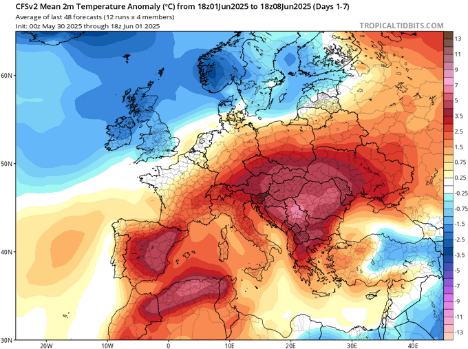 MEDITERRANEAN HEAT WAVE

Another day with up to 44C in North Africa and 36C in the Balkans.
Some records for early June fell including Debrecen in Hungary with 34.6C (earliest 35C was on a 20 June).

Tomorrow extreme heat in North Africa,Spain and the Balkans