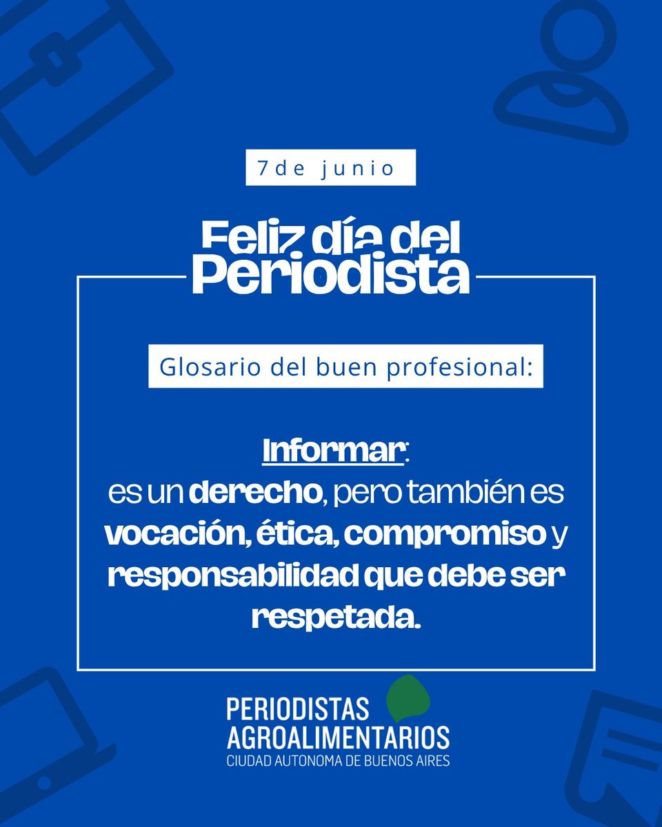 En el Día del Periodista saludamos a quienes cada día ejercen con vocación, ética y compromiso la tarea de informar, reafirmando nuestro compromiso con la libertad de expresión.

#DiaDelPeriodista #PeriodistasAgroalimentarios #Periodismo