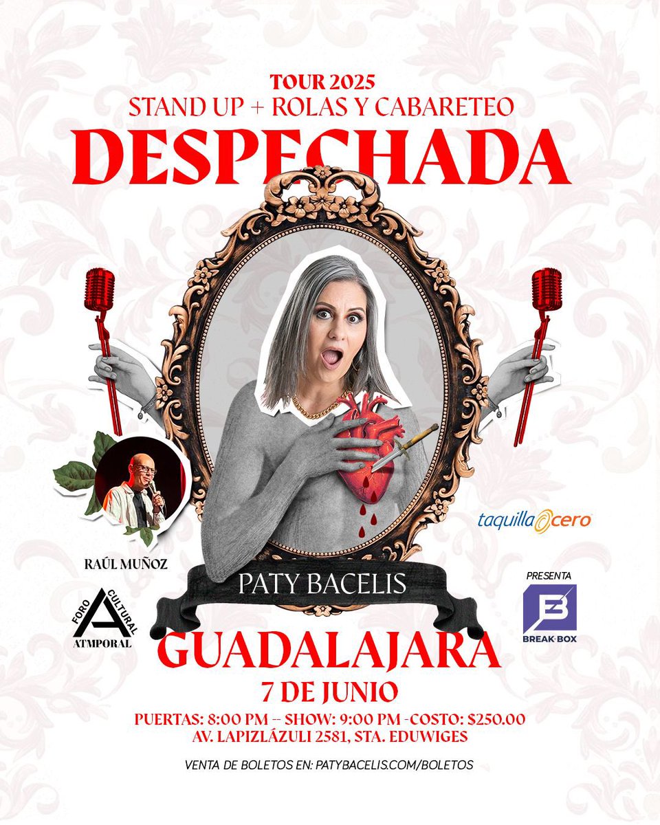 #GUADALAJARA HOY SÁBADO llego con este show al foro atmporal! Llevo canciones de despecho y mucha comedia. 
Les dejo el link de boletos:

taquillacero.com/despechada-pat…