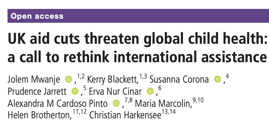 In our latest <a href="/BMJ_PO/">BMJ Paediatrics Open</a> piece - we explore how UK aid cuts are threatening global #childhealth.

We call on the UK govt, policymakers &amp; #globalhealth community to rethink priorities &amp; put children first.

bmjpaedsopen.bmj.com/content/9/1/e0…