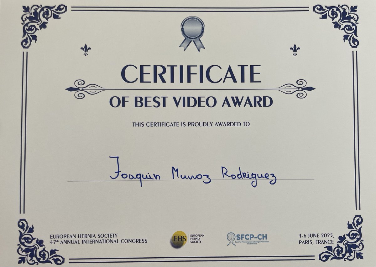 Joaquín Muñoz Rodríguez MD, PhD, FACS (@joaquinmmunoz) on Twitter photo 🏅 Best Video @ #EHS2025 awarded to our robotic Cranial PeTEP case.
A recognition of innovation and teamwork in minimally invasive hernia repair.
Thank you, <a href="/EHS2025Paris/">EHS2025Paris</a>! @HerniaSociety <a href="/herniatoday/">Dr. Garcia-Urena</a> <a href="/LuisBlzquezHer1/">Luis Blázquez Hernando</a> <a href="/jlopezmonclus/">Javier López Monclús</a> <a href="/Manolo1324/">Manuel Medina Pedrique</a>
#roboticsurgery #herniarepair 🏅 Best Video @ #EHS2025 awarded to our robotic Cranial PeTEP case.
A recognition of innovation and teamwork in minimally invasive hernia repair.
Thank you, <a href="/EHS2025Paris/">EHS2025Paris</a>! @HerniaSociety <a href="/herniatoday/">Dr. Garcia-Urena</a> <a href="/LuisBlzquezHer1/">Luis Blázquez Hernando</a> <a href="/jlopezmonclus/">Javier López Monclús</a> <a href="/Manolo1324/">Manuel Medina Pedrique</a>
#roboticsurgery #herniarepair