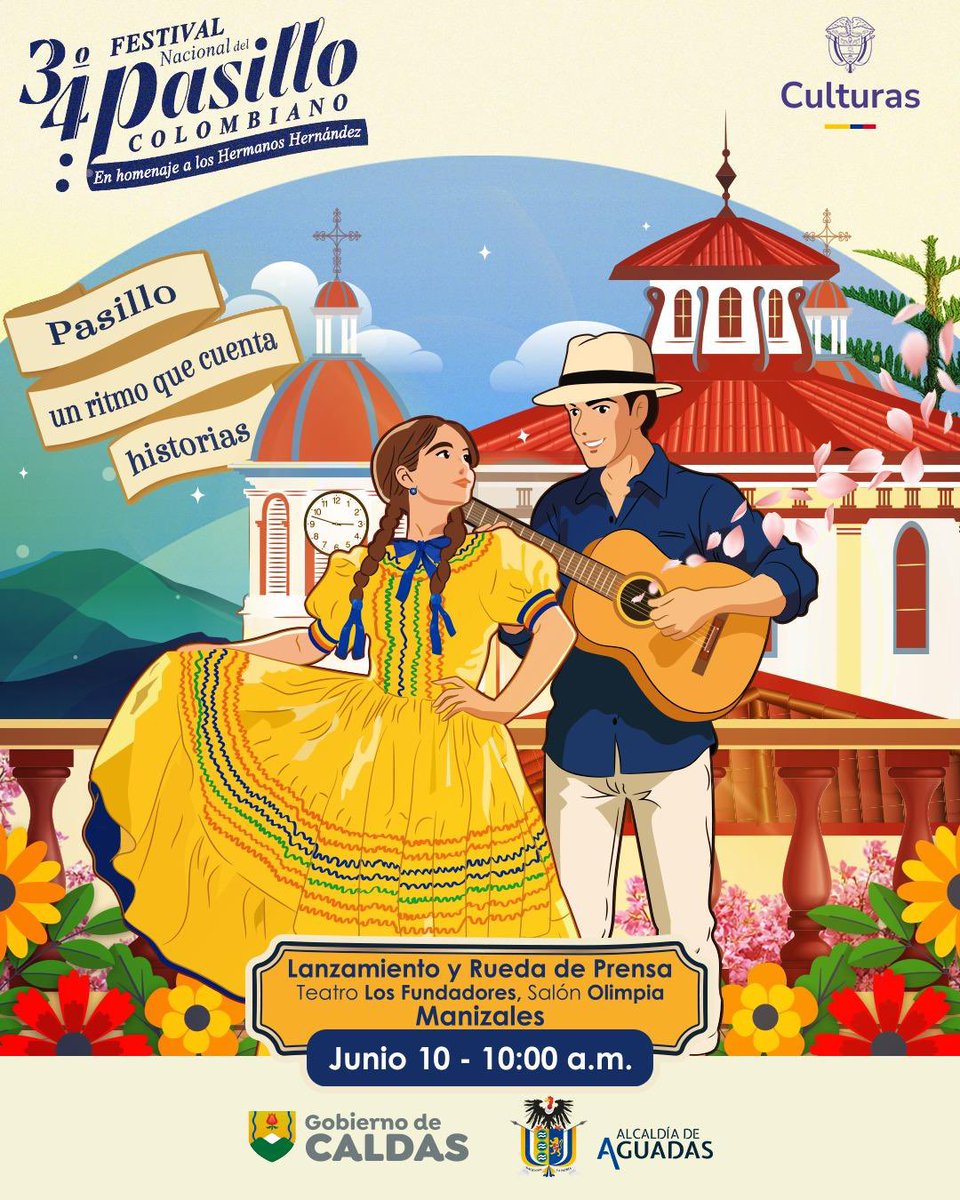 ¡Prepárense para el 34° Festival Nacional del Pasillo Colombiano! 💃🎶
El Pasillo, un ritmo que cuenta historias.
📍 Lanzamiento y Rueda de Prensa: Teatro Los Fundadores, Salón Olimpia, Manizales.
🗓️ Junio 10 - 10:00 a.m.
#FestivalDelPasillo #Caldas #Manizales #CulturaColombiana