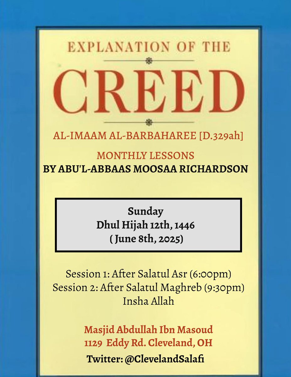Masjid Ibn Masoud (@clevelandsalafi) on Twitter photo Live in person" @Masjid Abdullah ibn Masoud Shaykh Moosa Richardsons <a href="/1MMeducation/">Moosaa Richardson أبو العباس موسى الطويل</a> will be visiting and teaching from our monthly lessons Shar ul sunna this Sunday and Monday June 8th-9th insha Allāh Live in person" @Masjid Abdullah ibn Masoud Shaykh Moosa Richardsons <a href="/1MMeducation/">Moosaa Richardson أبو العباس موسى الطويل</a> will be visiting and teaching from our monthly lessons Shar ul sunna this Sunday and Monday June 8th-9th insha Allāh