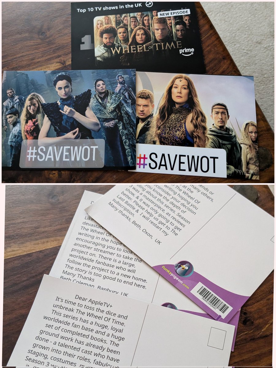 My postcards have arrived to send to <a href="/SPTV/">Sony Pictures Television 📺</a> , <a href="/Apple/">Apple</a> and <a href="/AmazonMGMStudio/">Amazon MGM Studios</a> . I will send them off in Monday's post and fingers crossed 🤞🏻#SaveWOT. Amazon of course are the Darkfriends in this selection! #TheWheelOfTime